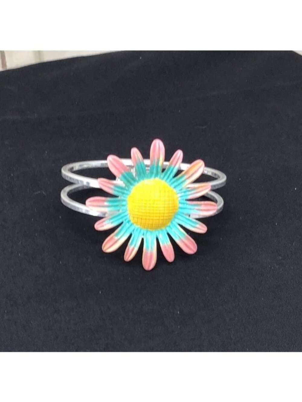 Colorful Daisy Flower Cuff Bracelet With Double Band Design - Vibrant Pink Yello